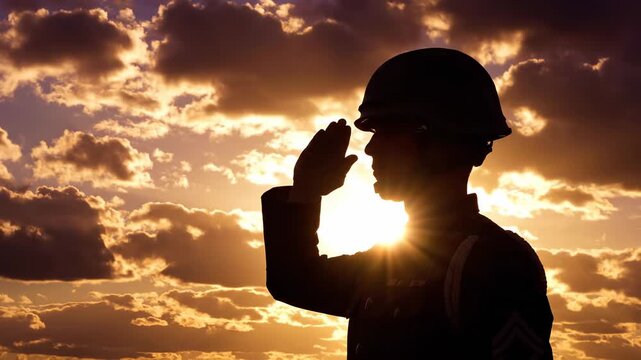 Soldier saluting against sunset background