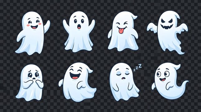 Set of cute cartoon ghosts with various expressions
