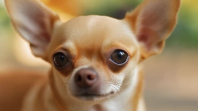 Close-up of Chihuahua slowly blinking with big round eyes in soft studio lighting