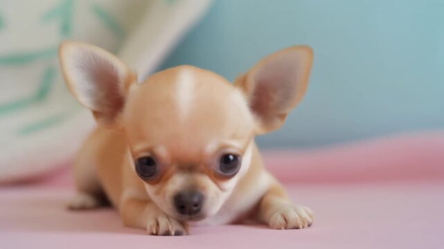 Playful Chihuahua Puppy with Big Round Eyes on Pastel Background