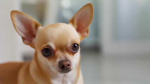 Close-up of Chihuahua slowly blinking with big round eyes in soft studio lighting