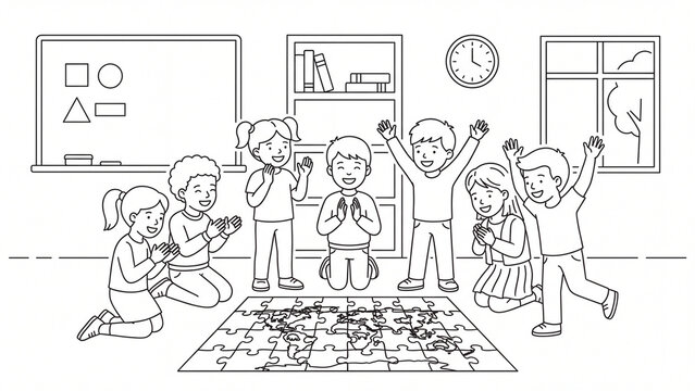 Students celebrate the completion of a global map jigsaw puzzle while kneeling on the classroom floor during a geography lesson.