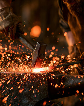 Blacksmith forging iron on anvil in workshop with sparks, fire and molten metal, craftsmanship with hammer and heat