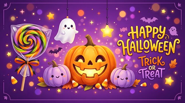 Happy halloween trick or treat greeting card with cute pumpkins