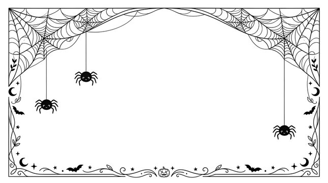 Halloween frame with spider webs and cute spiders isolated on white background
