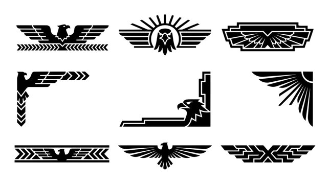 Art deco eagle wing banner with sunburst circle frame and diamond shape stream border designs collection