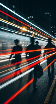 Blurred figures walk through a city at night with light trails.