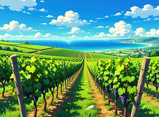 Obraz premium Rich vineyard rows grow on rolling hill by blue ocean coast. Green grape plants ripen under bright sunny summer sky with white clouds. Scenic nature landscape view features peaceful coastal wine farm