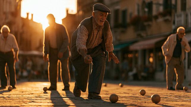 Elderly men playing bocce in a sunlit urban plaza at golden hour, joyful street scene and community gathering