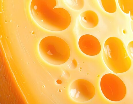 Close-up of golden cheese with large holes and a smooth texture