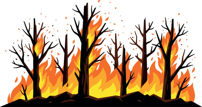 Wildfire in Forest Scene Vector Illustration with Burning Bare Trees Flames Sparks and Smoke for Ecological Disasters Environmental Protection and Global Warming Layouts
