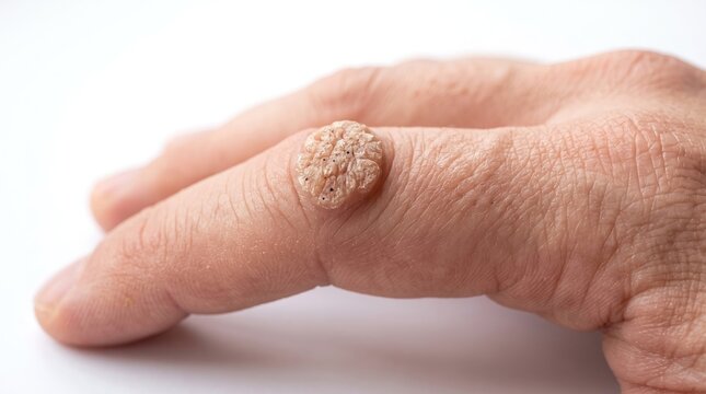 Macro shot of common skin wart verruca vulgaris on human finger joint