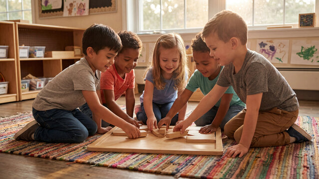 Young students assemble a wooden block puzzle while kneeling on a rug inside a sunlit classroom during their break time.