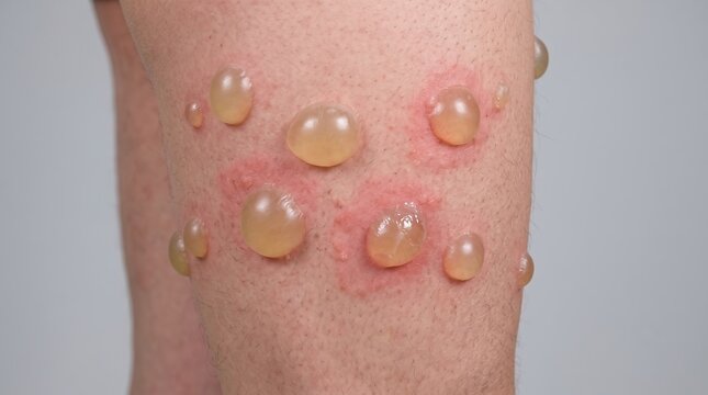 Close up view of severe fluid filled skin blisters and bullae on human leg