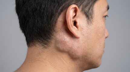 Fototapeta premium Side profile of man showing swollen lymph node lump behind ear parotid gland