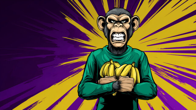 Aggressive Monkey Clutching Bananas in Comic Style