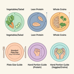 Fototapeta premium Healthy Eating Plate Guide: Portion Control with Vegetables, Protein, Grains & Hand Portions