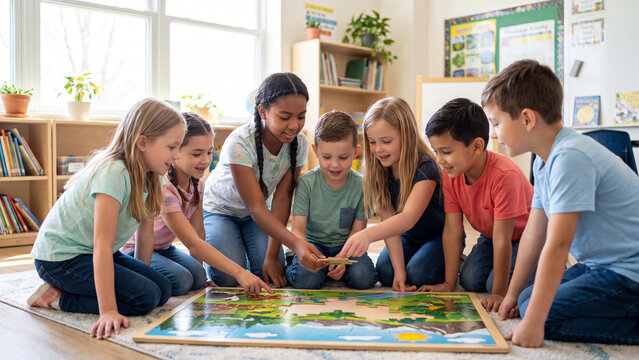 Children collaborate on a large floor puzzle in a bright classroom while working together to complete the challenging game during their daily school enrichment activity period today.