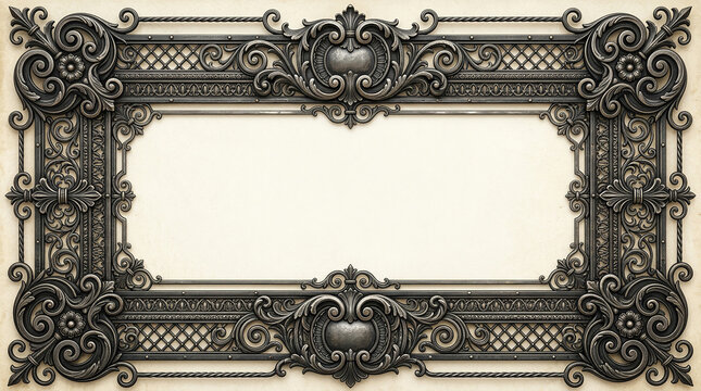 Heavy metal cast iron frame featuring baroque scrolls and central medallions on cream background.