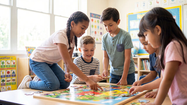 Students gather around a large table to assemble a detailed map puzzle while collaborating on a shared academic task in a sunny classroom environment filled with educational posters.