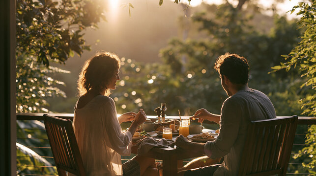 Romantic couple enjoying outdoor dining at sunset with drinks, food and warm conversation in tropical greenery