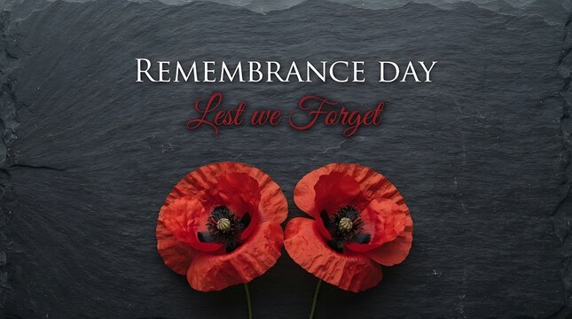 Remembrance day background with red poppy flowers on a dark slate stone texture for memorial commemoration