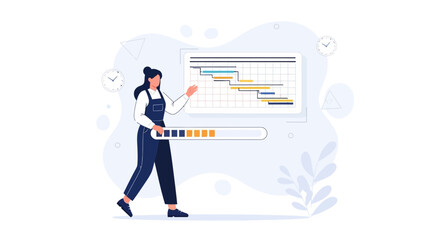 Obraz premium Project Management Concept: Woman with Gantt Chart and Progress Bar Illustration