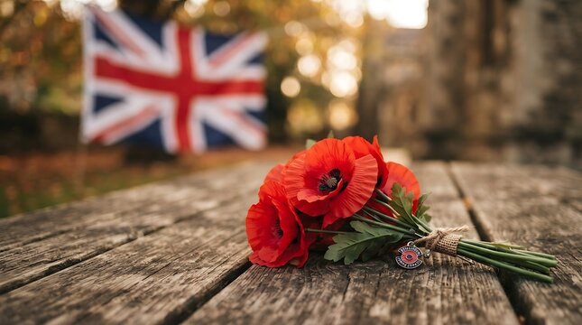 Red poppy flowers resting on a wooden surface with a blurred british flag in the background