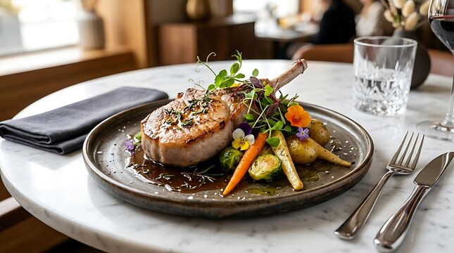Grilled lamb chop with fresh vegetables served on a dark plate in a restaurant. chuleta de cerdo