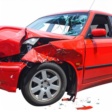 Red car with heavily damaged front and shattered windshield