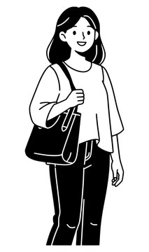 Minimalist black and white line art vector illustration of a happy young woman carrying a tote bag over her shoulder, standing confidently isolated on a solid white background for design.