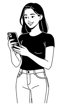 Black and white line art illustration of a smiling young woman holding and looking at a smartphone, wearing a t-shirt and jeans, isolated on a clean white background for digital media design.