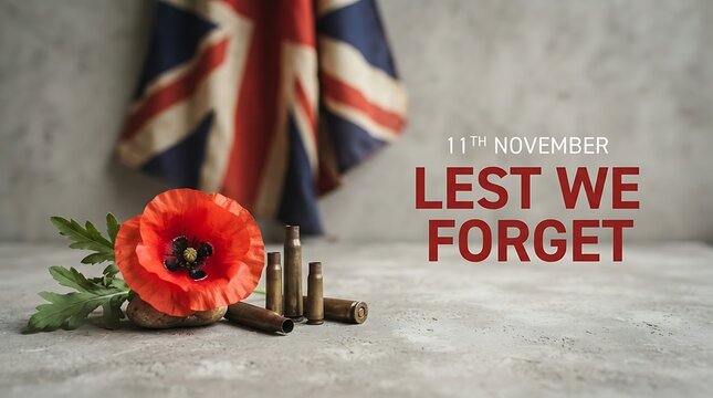 Remembrance day concept with a red poppy flower and british flag background with lest we forget text