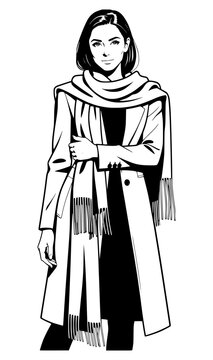 Elegant black and white vector illustration of a fashionable woman wearing a stylish trench coat and a cozy wrapped scarf, standing poised and isolated on a white background for design work.