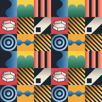 Seamless pixel pattern in black, sky blue, red - creative line art gradient geometric background for wallpaper, textile and wrapping paper design