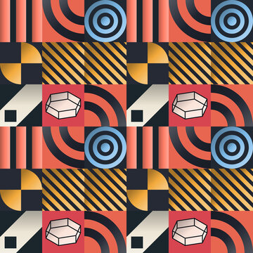 Seamless pixel pattern in black, sky blue, red - contemporary line art gradient geometric background for wallpaper, textile and wrapping paper design
