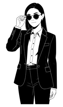 Vector line art illustration of a confident businesswoman wearing a tailored suit and adjusting round sunglasses, isolated on a clean white background for modern corporate and fashion design.