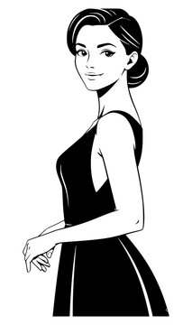 Elegant black and white line art illustration featuring a stylish woman in a sleek evening dress turned sideways with a graceful smile, isolated on a white background for high fashion design.