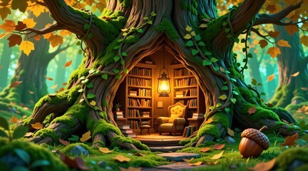 Fototapeta premium Small cozy library inside large tree hollow in autumn forest. Magical wooden home features bookshelves with old books plus comfortable armchair under glowing lantern light. Whimsical fantasy scene