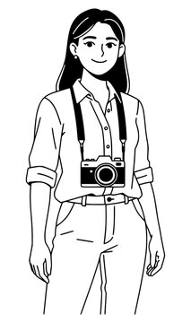 Black and white line art vector illustration of a smiling female photographer standing with a camera hanging around her neck, isolated on a plain white background for creative design projects.