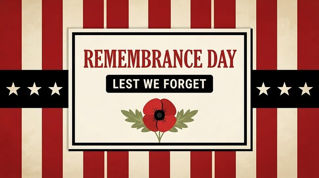 Remembrance day poster design with a red poppy flower and the phrase lest we forget on striped background