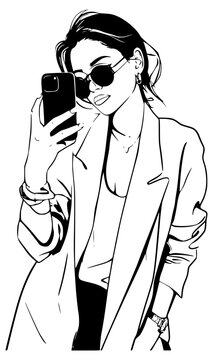 Fashionable black and white line art vector illustration of a stylish young woman wearing round sunglasses taking a selfie with her smartphone, isolated on a plain white background for design.
