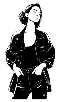 Edgy black and white line art illustration of a cool young woman in an oversized jacket and jeans standing with hands in her pockets, isolated on a white background for urban fashion graphics.