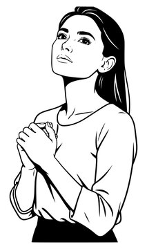 Black and white line art vector illustration of a young woman standing with her hands clasped together near her chest while looking up, isolated on a plain white background for design layouts.