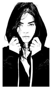 Detailed black and white sketch illustration of a intense young woman pulling her dark hood over her head, framed closely in portrait view and isolated on a white background for creative design.