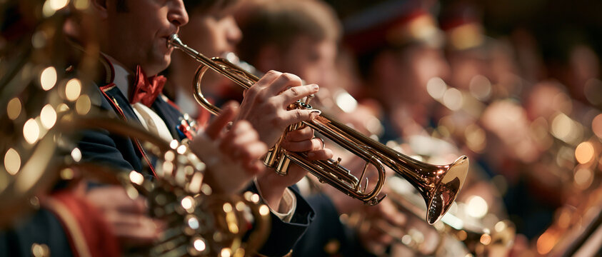 Trumpet player in orchestra ensemble performing live music at vibrant classical concert for music lovers