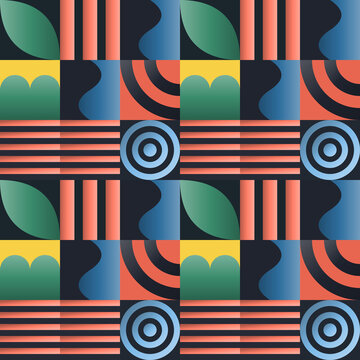 Seamless pixel pattern in black, gold, sky blue - trendy gradient geometric background for wallpaper, textile and wrapping paper design