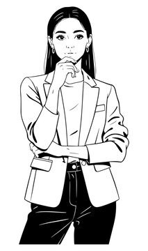 Fine black and white line art vector illustration of a pensive businesswoman wearing a blazer with her hand resting thoughtfully on her chin, isolated on a white background for graphics.