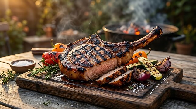 Grilled tomahawk steak with roasted vegetables on a wooden cutting board. chuleta de cerdo