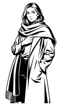 Stylish black and white line art vector illustration of a chic young woman wearing a long winter coat wrapped with a cozy scarf, isolated on a solid white background for seasonal fashion.